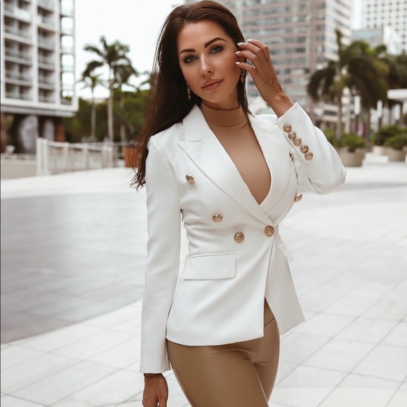 white double breasted blazer with gold buttons